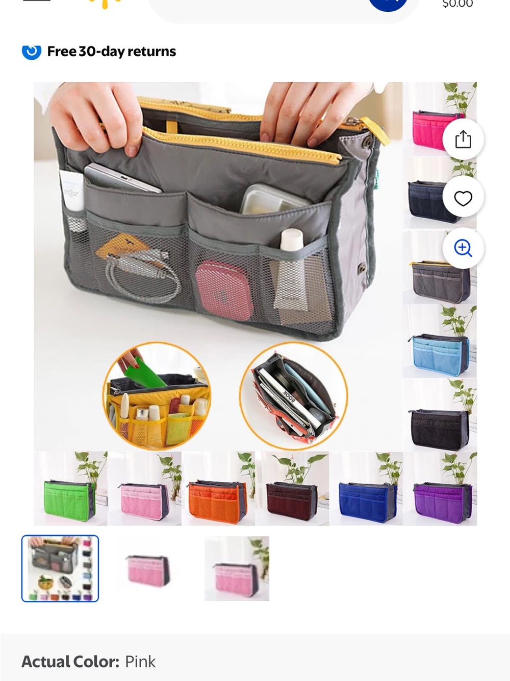Neutral Gray Purse Organizer Insert with Yellow Zip Accent